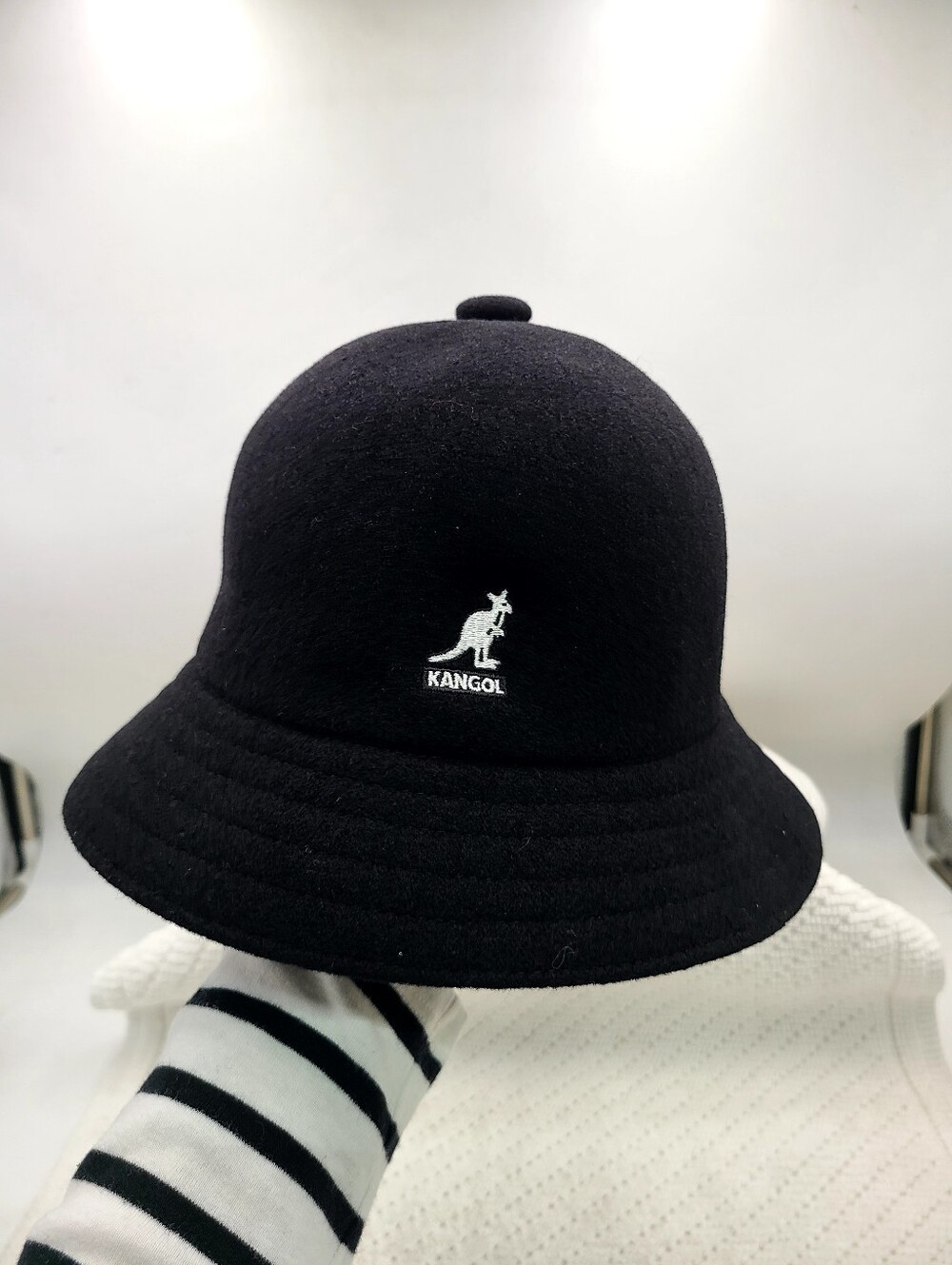 Kangol Kids Black Wool Bucket Hat with White Logo